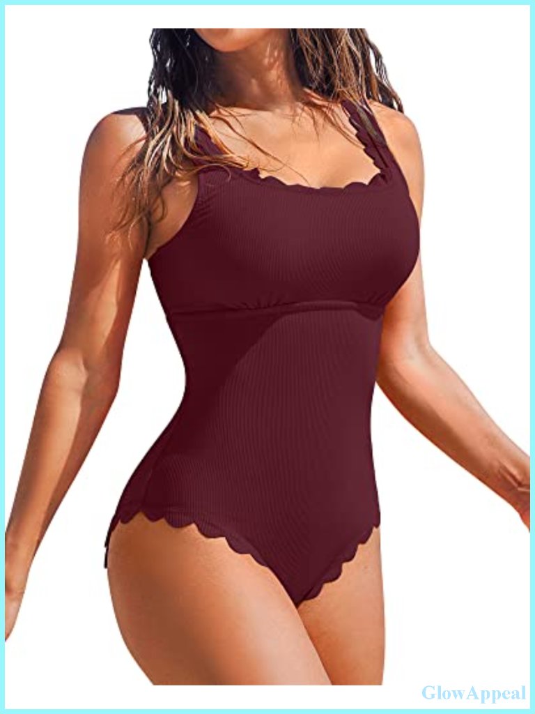 Scalloped Ribbed One Piece Swimsuit Square Neck Modest Retro